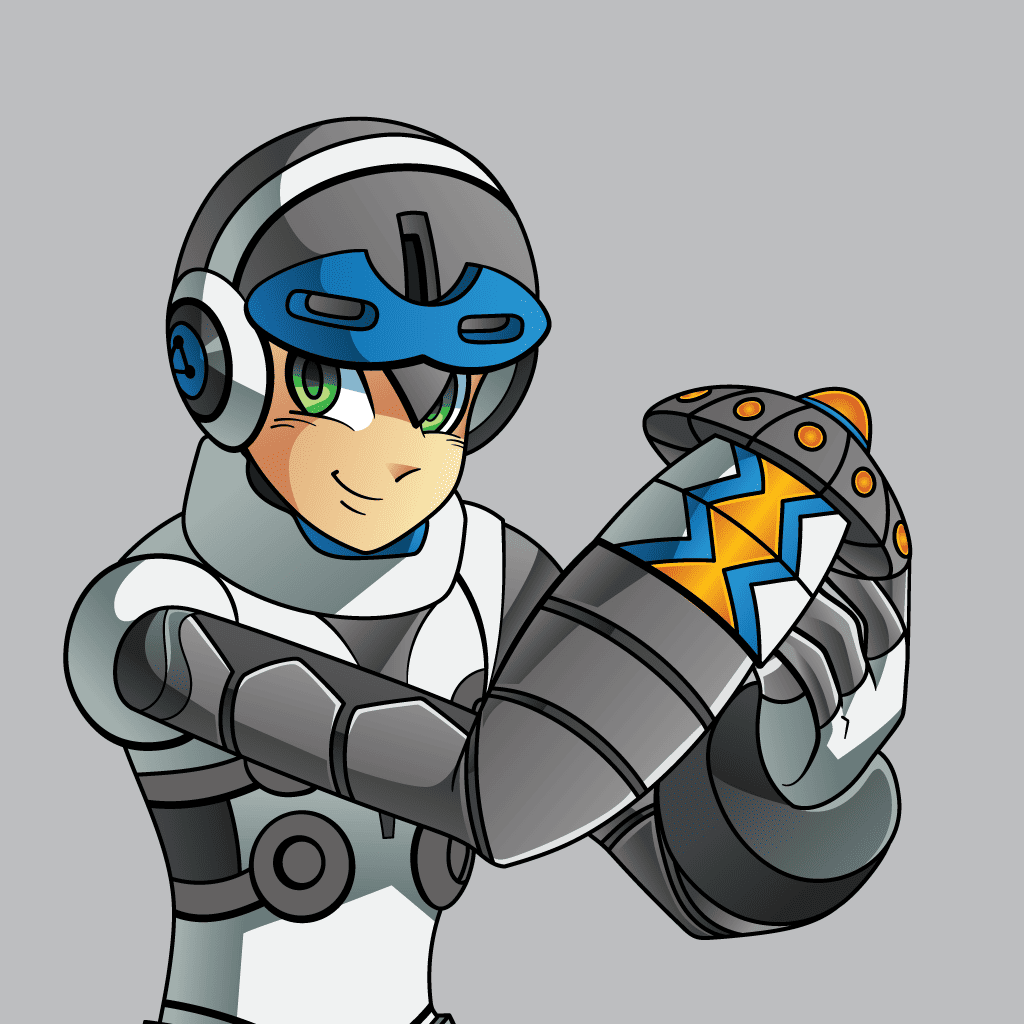 Dibujo de Beck, protagonista de Mighty No. 9, ilustración estilo anime con diseño robótico y colores vibrantes