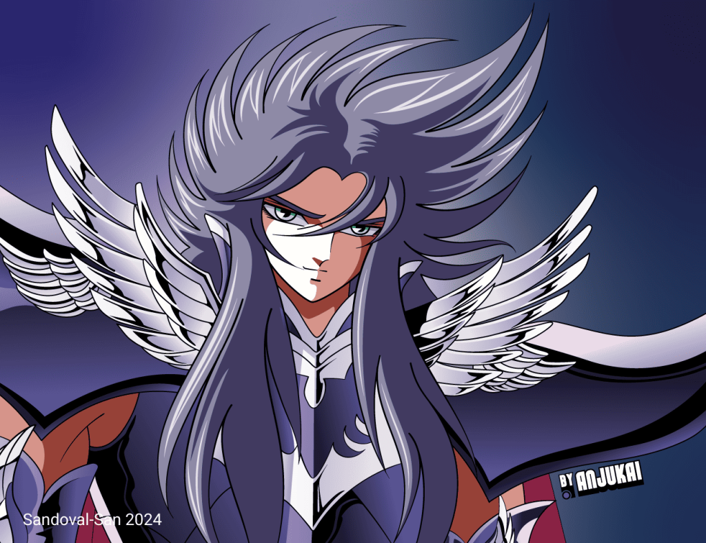 "Ilustración de Hades, dios del Inframundo de Saint Seiya, dibujo estilo anime oscuro con armadura negra, cabello largo y expresión imponente"