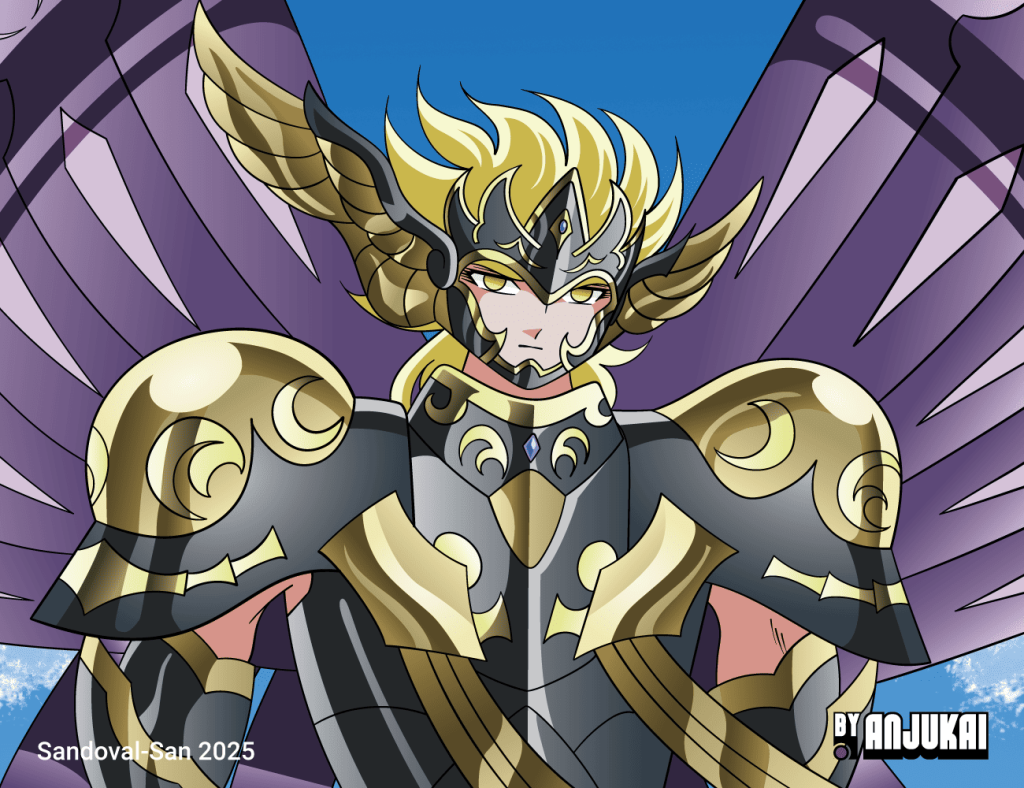 "Ilustración de Hypnos, dios del sueño de Saint Seiya, retrato con su Surplice, alas desplegadas y en los campos elíseos”
