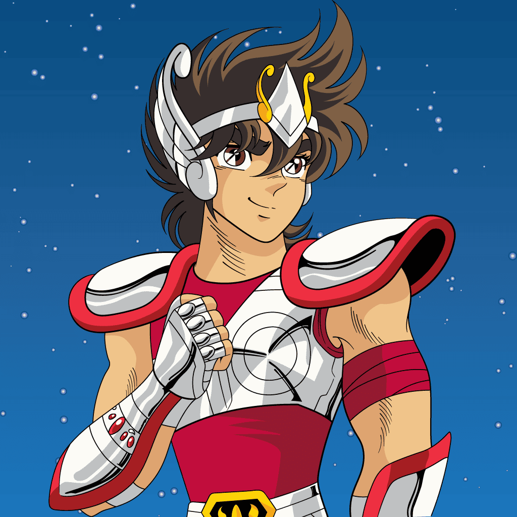 Ilustración de Seiya de Pegaso con su Cloth V1 del manga de Saint Seiya, estilo clásico de Shingo Araki cloth original