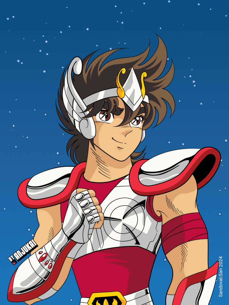 "Ilustración de Seiya de Pegaso con su Cloth V1 del manga de Saint Seiya, dibujado en el estilo elegante del animador Shingo Araki, armadura original y rostro estilizado"