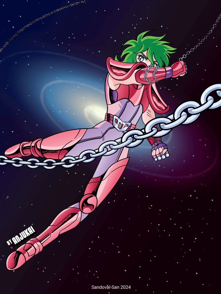 "Ilustración de Shun de Andrómeda de Knight of the Zodiac, versión anime con cadena y armadura, estilo clásico de Saint Seiya"